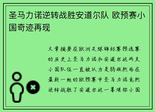 圣马力诺逆转战胜安道尔队 欧预赛小国奇迹再现