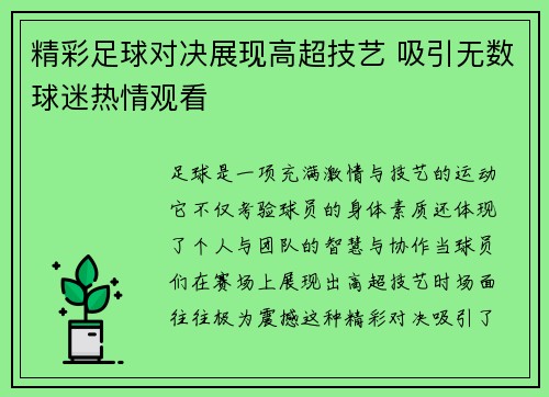 精彩足球对决展现高超技艺 吸引无数球迷热情观看