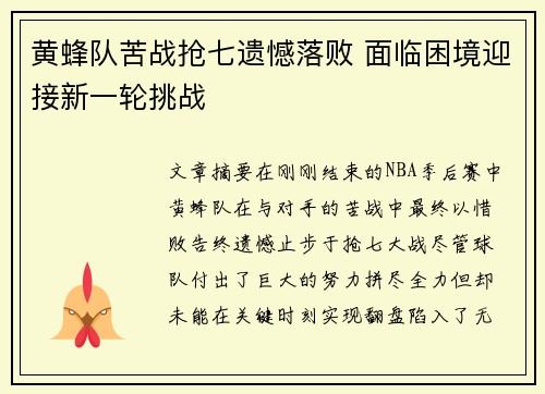 黄蜂队苦战抢七遗憾落败 面临困境迎接新一轮挑战