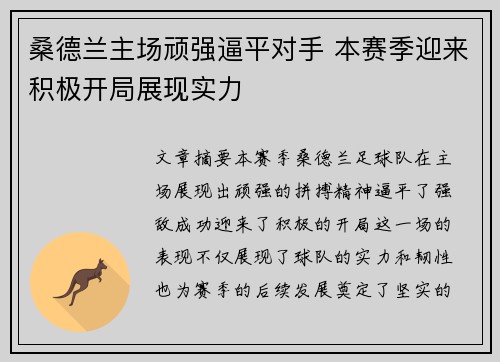 桑德兰主场顽强逼平对手 本赛季迎来积极开局展现实力