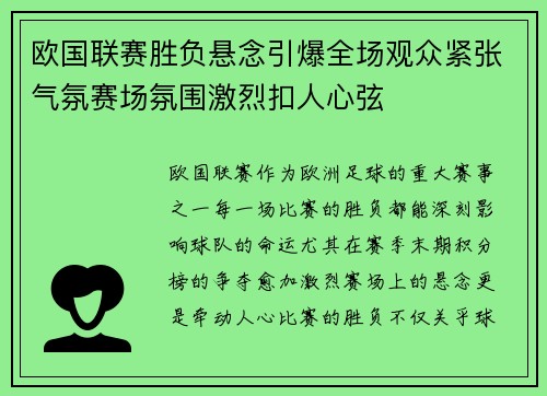 欧国联赛胜负悬念引爆全场观众紧张气氛赛场氛围激烈扣人心弦